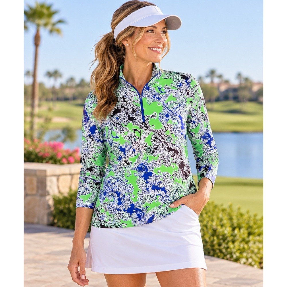 IBKUL Women's Size XXL Green Blue Paisley 1/4 Zip Long Sleeve UPF 50+ Golf Shirt